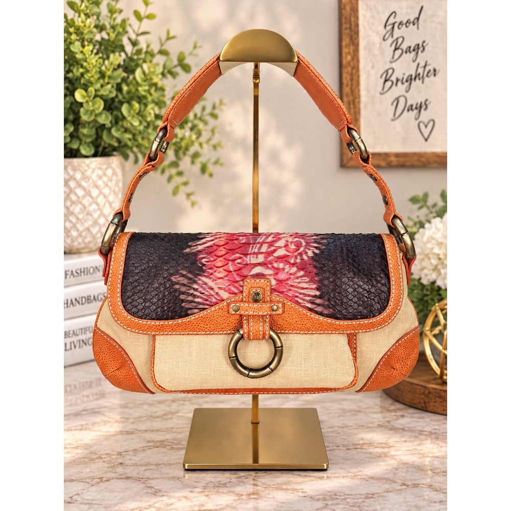 Tommy Bahama Shoulder Bag Snakeskin Leather Raffia Orange Pink Tropical Boho